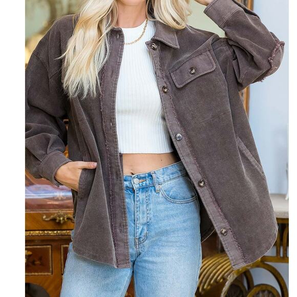 Sweet Lovely By Jen Mocha Corduroy Shacket S - Picture 3 of 4